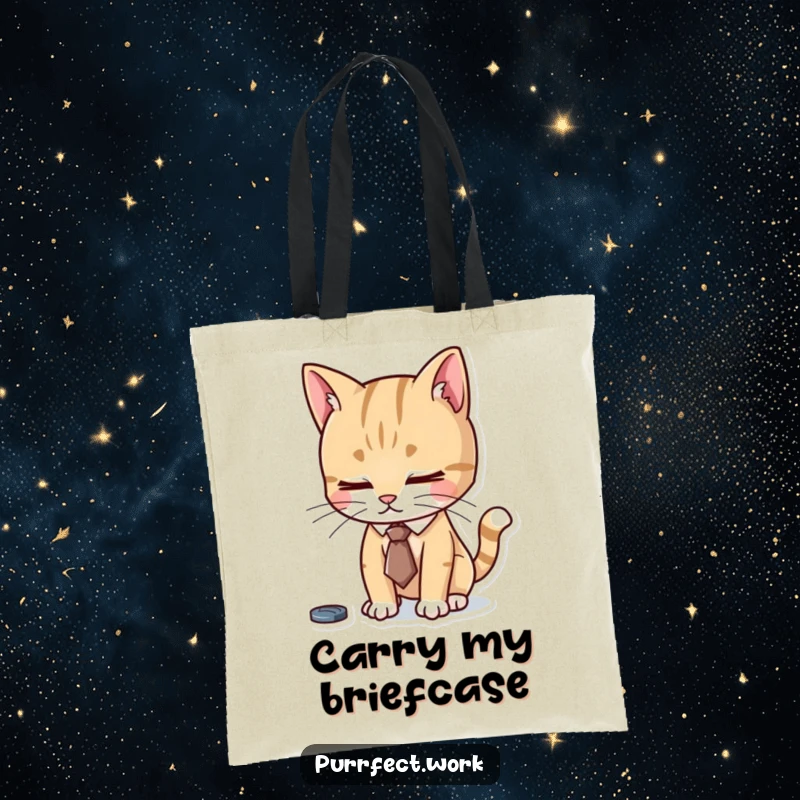 Funny tote bag featuring a cat in a tiny tie, working diligently, perfect for carrying work essentials with a side of professional humor.