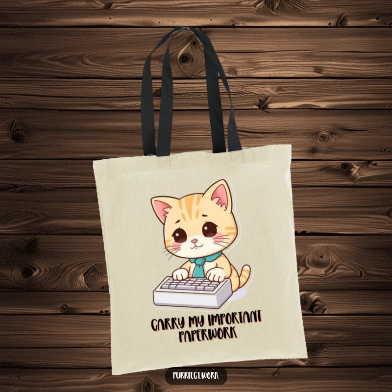 Funny Cat Typist Tote Bag: A cute cat wearing a tie sits at a desk, typing on a miniature keyboard.