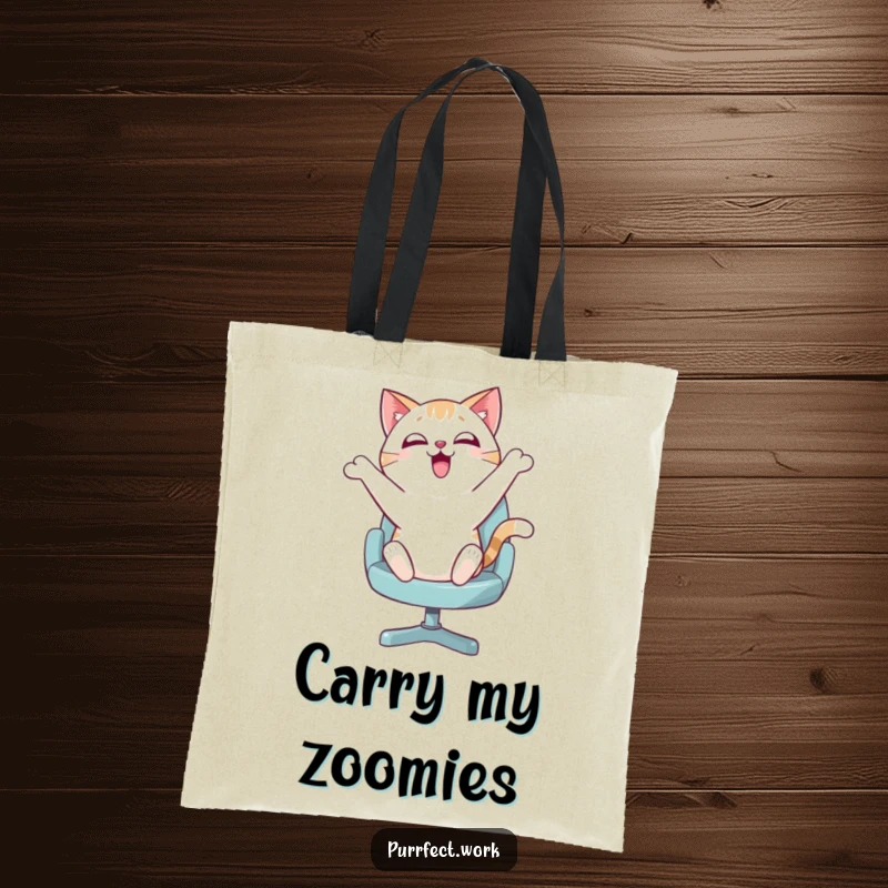 Funny tote bag featuring an energetic cat gleefully bouncing on a swivel chair, ready for any enthusiastic adventure, big or small.