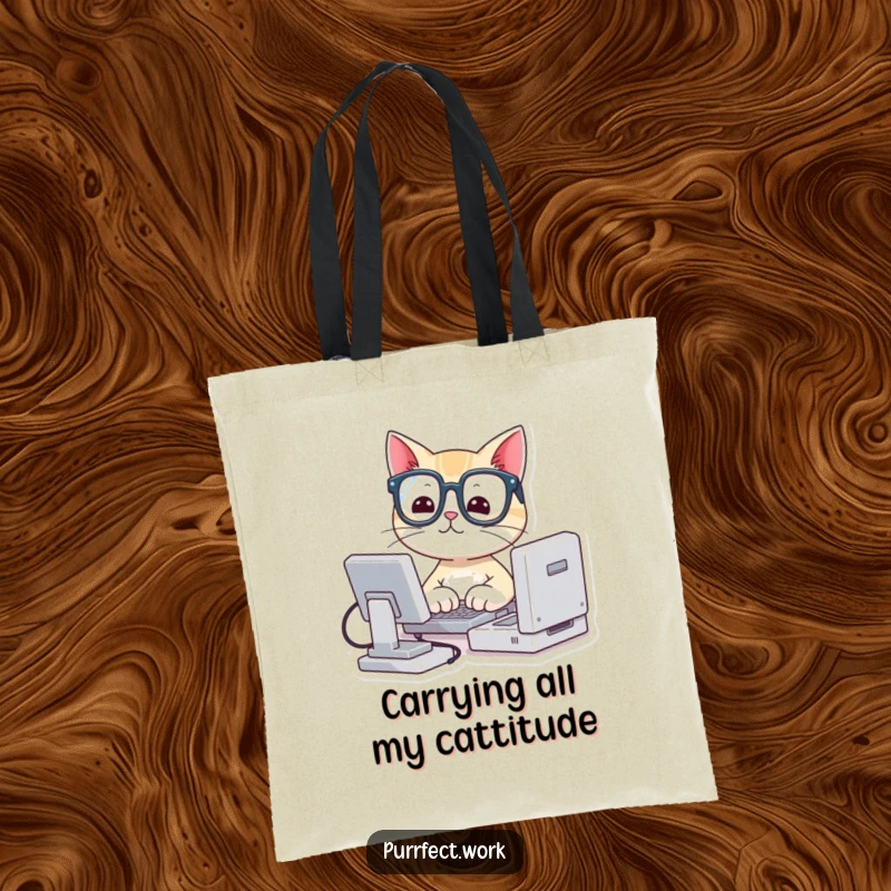 Funny tote bag featuring a cute cat in small glasses typing on a miniature computer, perfect for carrying books and smiles.