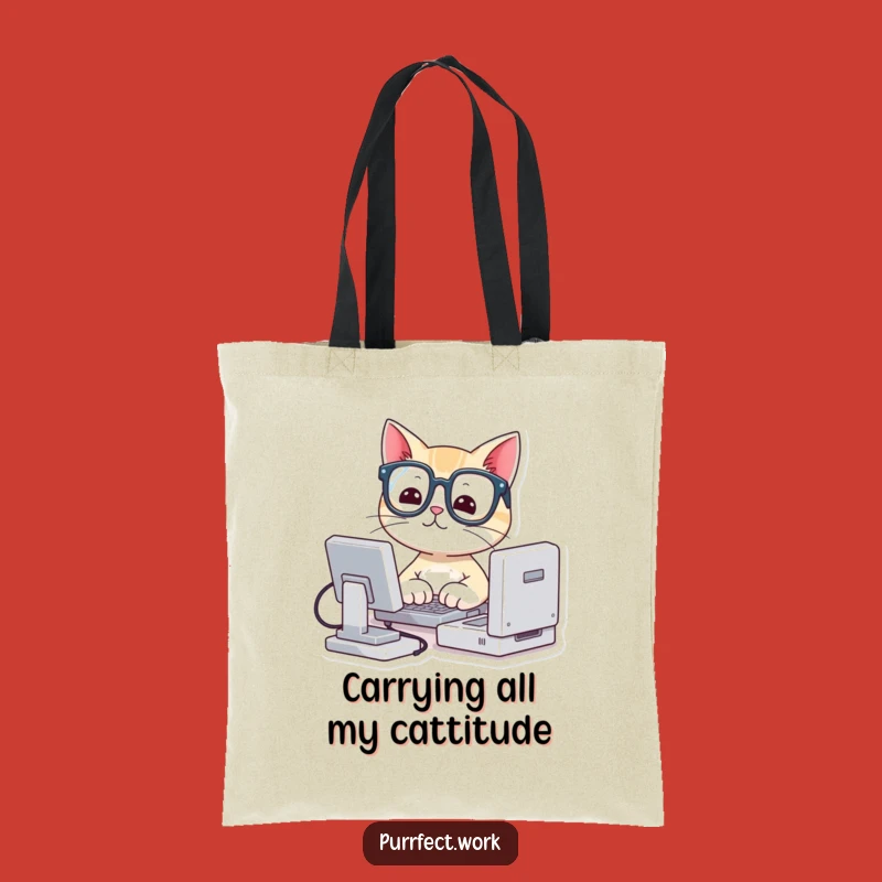 Funny Cat Tote Bag: Cute Nerd Cat with Glasses Typing on Mini Computer