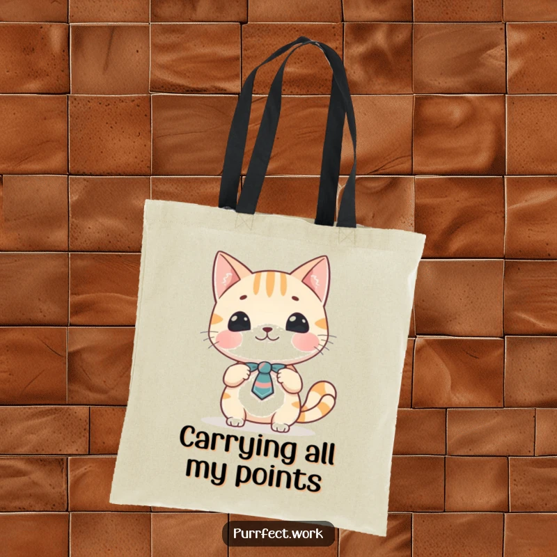 Funny cat presentation tote bag with a cheerful cat character wearing a small tie, gesturing while delivering an important presentation.