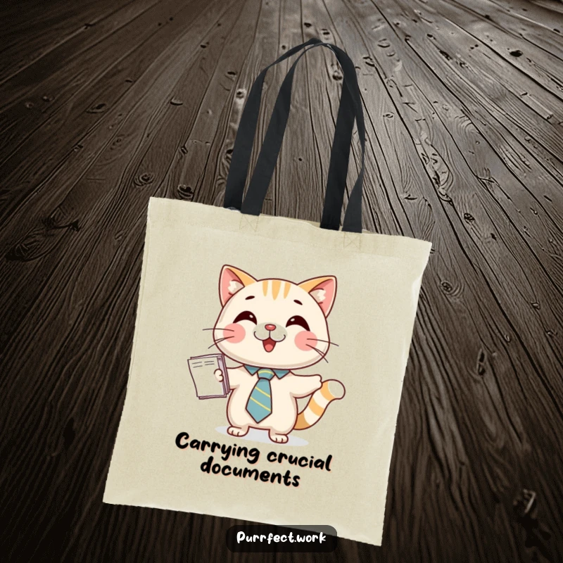 Funny tote bag featuring a happy cat in a tiny tie, holding a stack of papers, ideal for carrying work or everyday items.