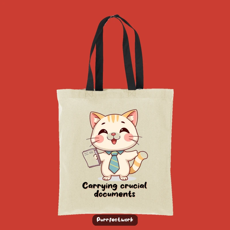 Funny Cat Tie Tote Bag: Happy Business Cat Presenting Papers, Stylish Accessory