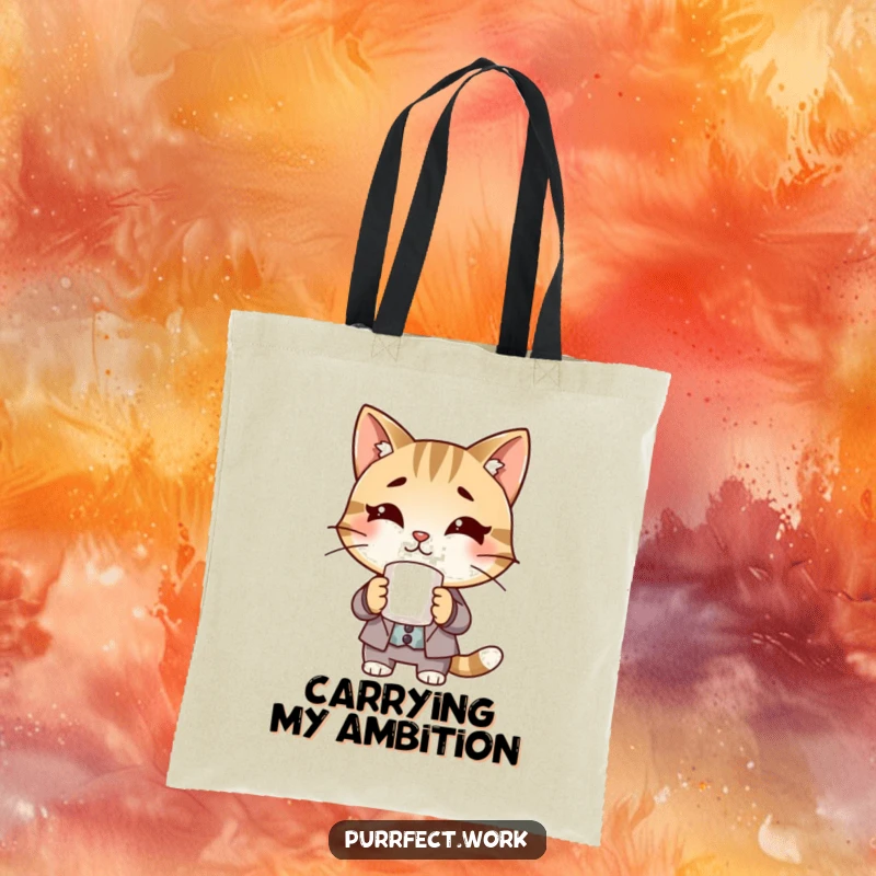 Funny Boss Cat Tote Bag: A tote bag print of a cat in a suit holding a coffee mug.