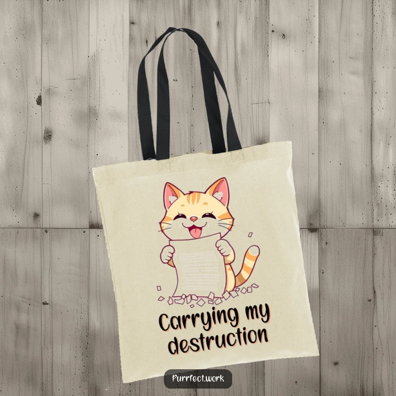 Funny cat shredding tote bag featuring a cat gleefully tearing paper, ideal for carrying groceries or documents with a humorous, rebellious flair.