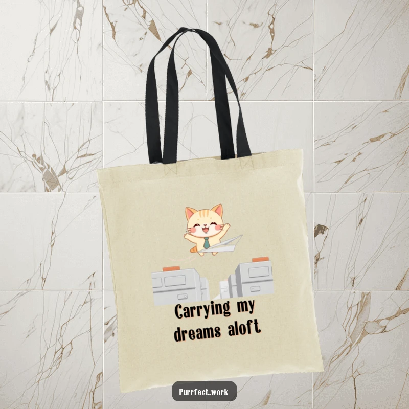 Funny tote bag with a joyful cat in a tie flying a paper airplane over office cubicles, perfect for carrying humor.