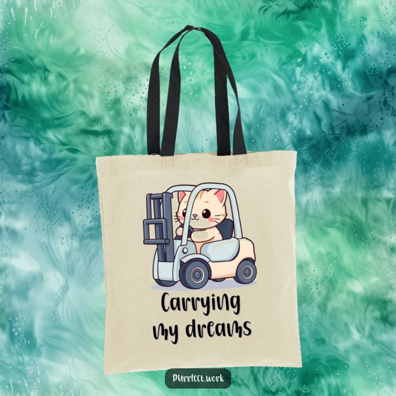 Funny cat character operating a tiny toy forklift on a reusable tote bag, ideal for grocery shopping.