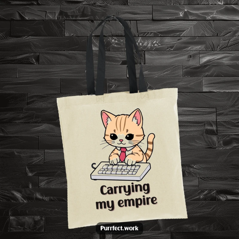 Funny tote bag showing a cat wearing a tie, typing furiously on a computer keyboard, ideal for office or daily use humor.