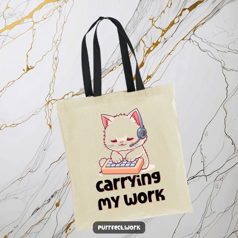 Funny cat wearing a headset, typing on a miniature keyboard, printed on a durable tote bag. Humorous tech accessory.