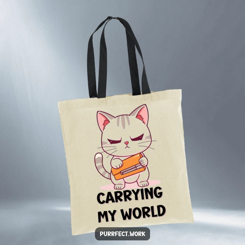 Funny tote bag showing a cat character nervously holding a stapler, symbolizing office stress and anxiety for a quirky, humorous accessory.