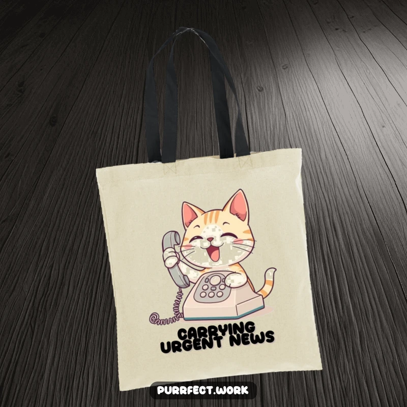 Funny tote bag graphic of a cat eagerly answering a ringing telephone, perfect for carrying items with a humorous social touch.