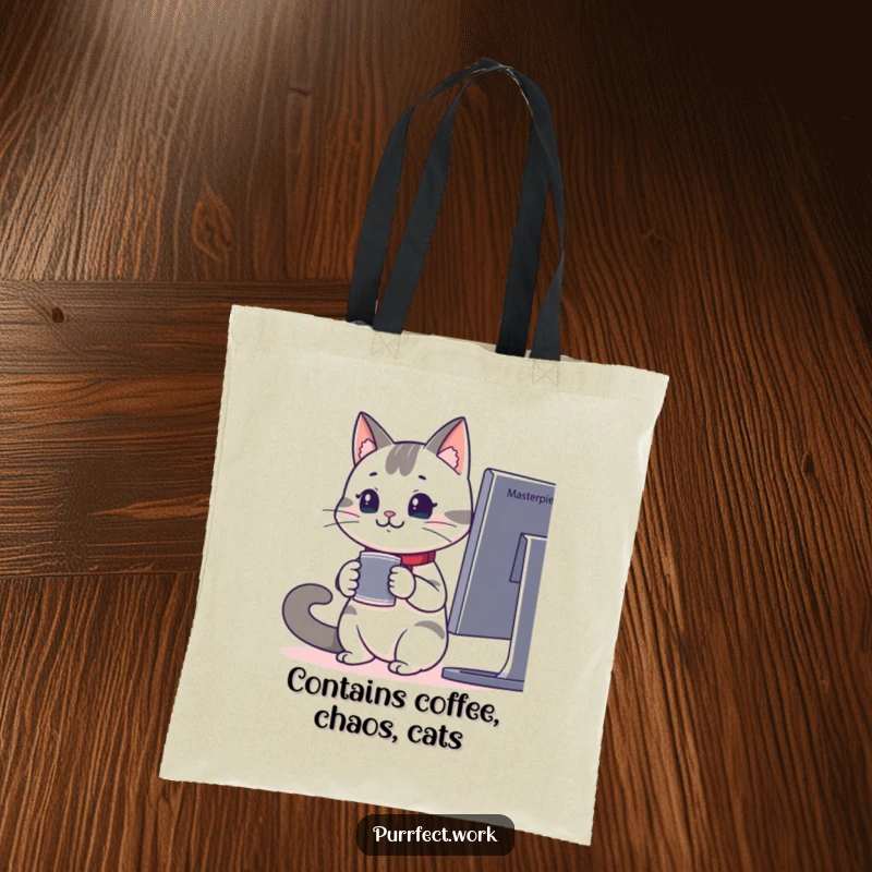 Funny tote bag with an attentive office cat holding coffee, watching a monitor, perfect for carrying groceries or work items.
