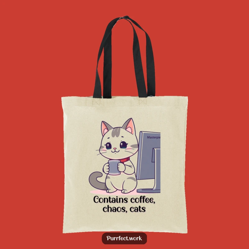 Funny Office Cat Tote Bag - Attentive Monitor Watcher Canvas Bag