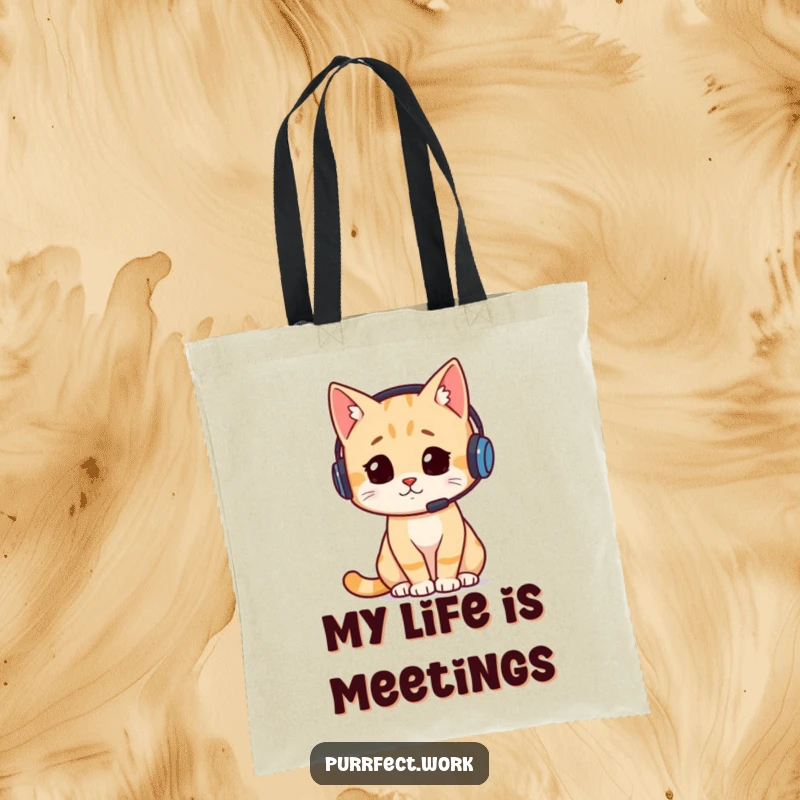 Funny tote bag featuring a cat wearing a headset and looking extremely busy, illustrating the modern hustle culture with humor.
