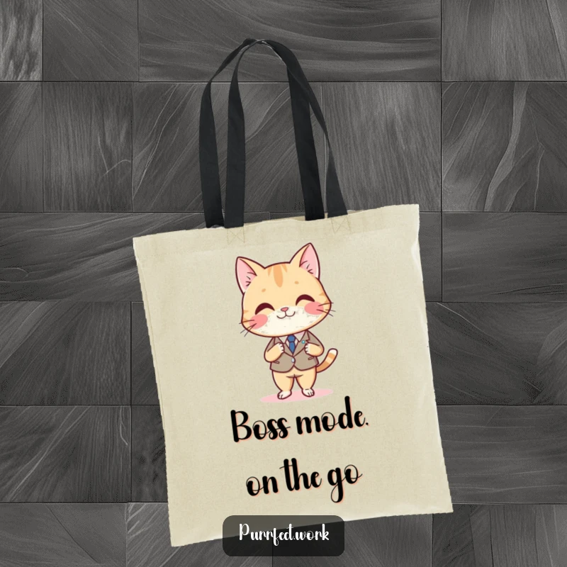 Funny tote bag with a smiling cat in a suit, sitting at a desk and crossing legs, designed for carrying essentials.