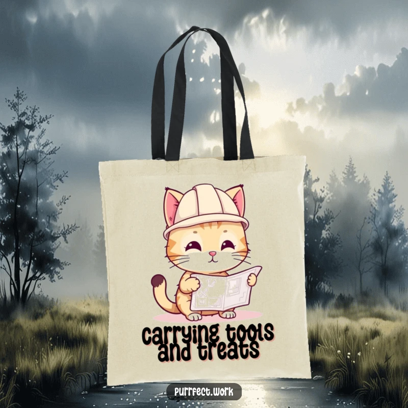 Funny tote bag featuring a playful cat in a hard hat, looking at a blueprint, perfect for carrying supplies and smiles.