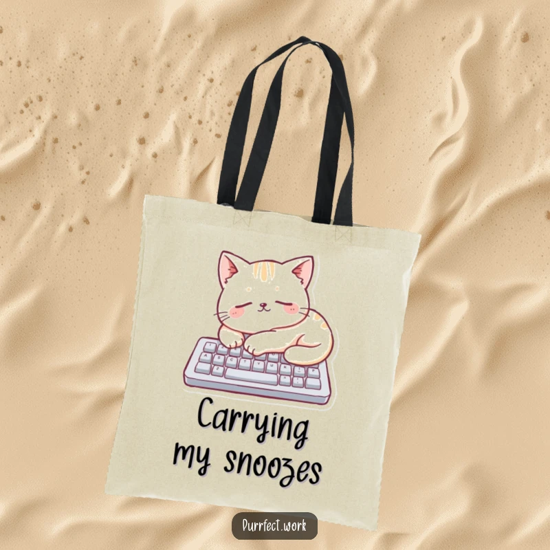 Funny, sleeping cat character resting on a small computer keyboard on a reusable tote bag, ideal for daily use.