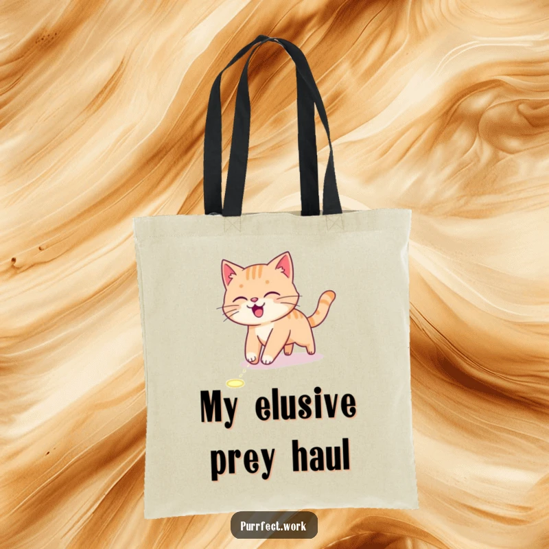 Funny Tote Bag showcasing an energetic cat in mid-chase after a laser pointer dot, practical and vibrant.