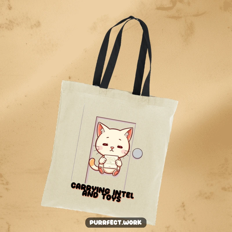 Funny tote bag featuring a mischievous cat slipping a memo under a door, ideal for carrying notes and whispers of fun.