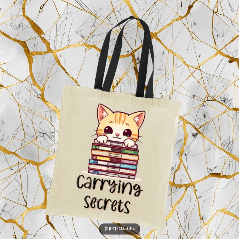 Funny tote bag featuring a curious cat peeking over office files, ideal for carrying essentials with a playful touch.