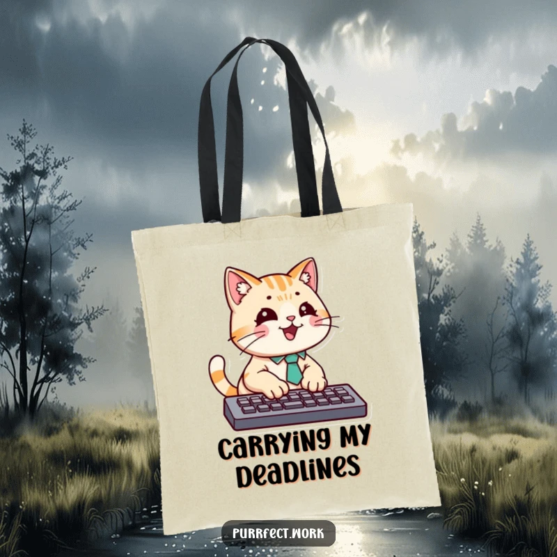 Funny tote bag depicting a professional cat in a tie typing energetically on a laptop keyboard, ideal for office tasks.