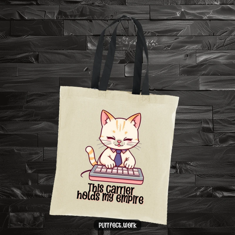 Funny cute cat in a tiny tie, typing furiously on a keyboard, a humorous and durable tote bag for a funny gift.