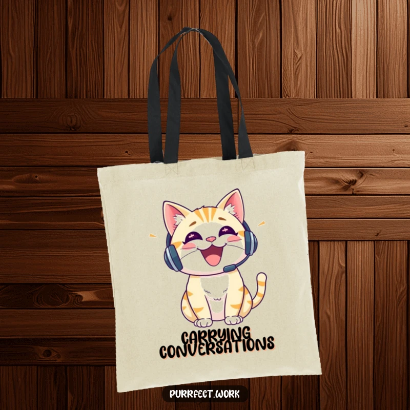 Funny cat with a headset on a tote bag, representing cheerful conversations and daily communication.