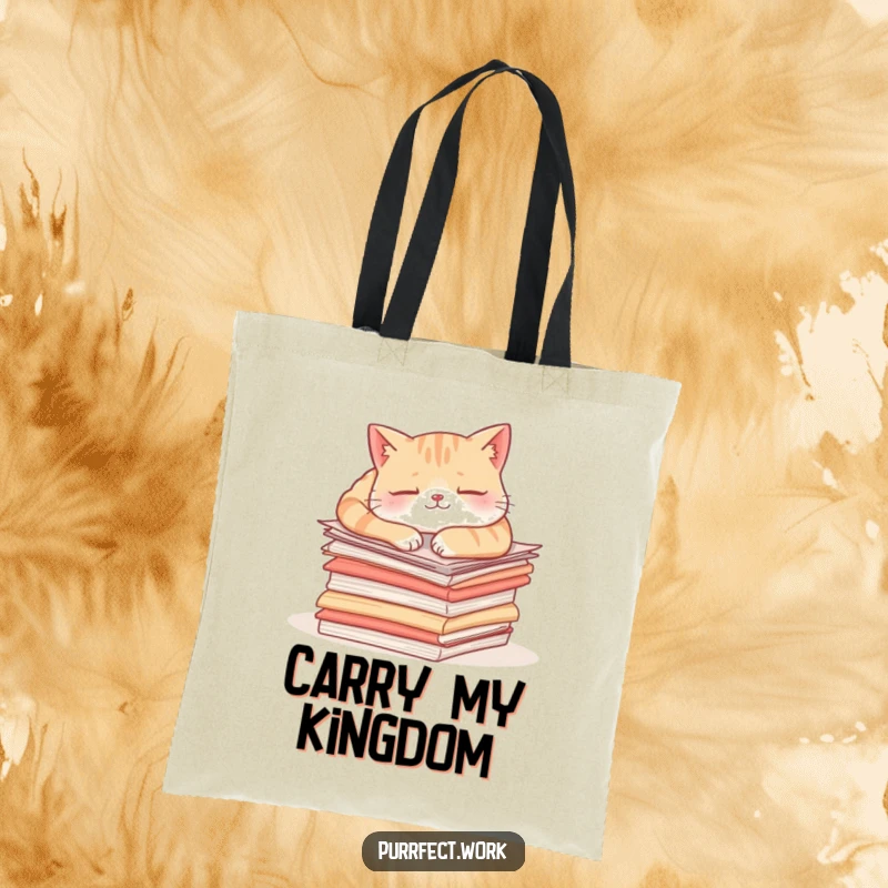 Funny content cat tote bag depicting a tired cat sleeping soundly on a heap of documents, great for commuters.