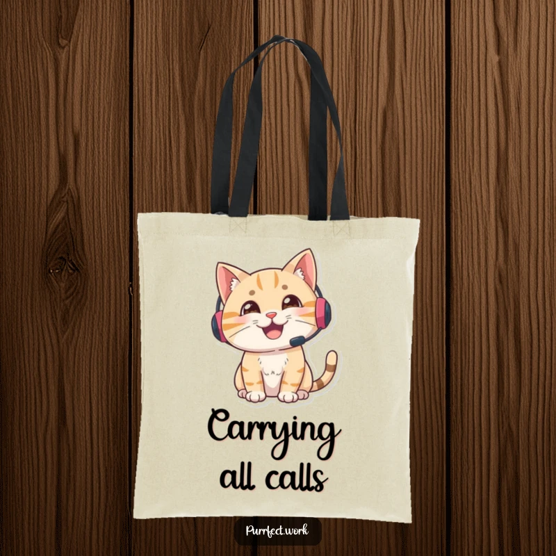 Funny gamer cat tote bag, a cat with a headset looking alert and engaged, a humorous and practical accessory for gamers.