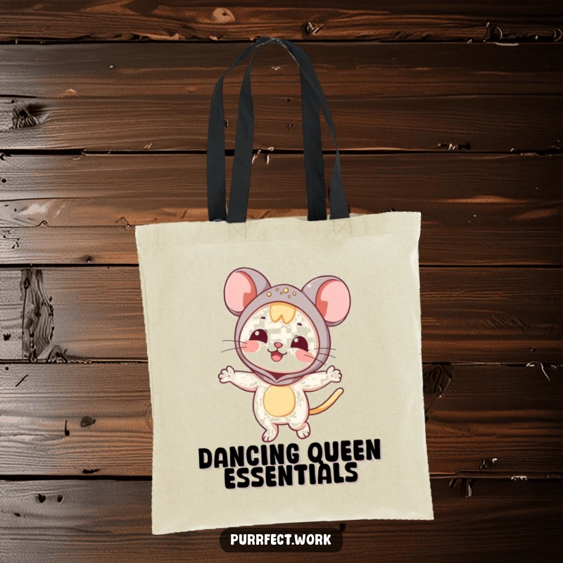 Funny Mouse Cat Tote Bag: A tote bag print of a happy cat in a mouse costume, dancing.