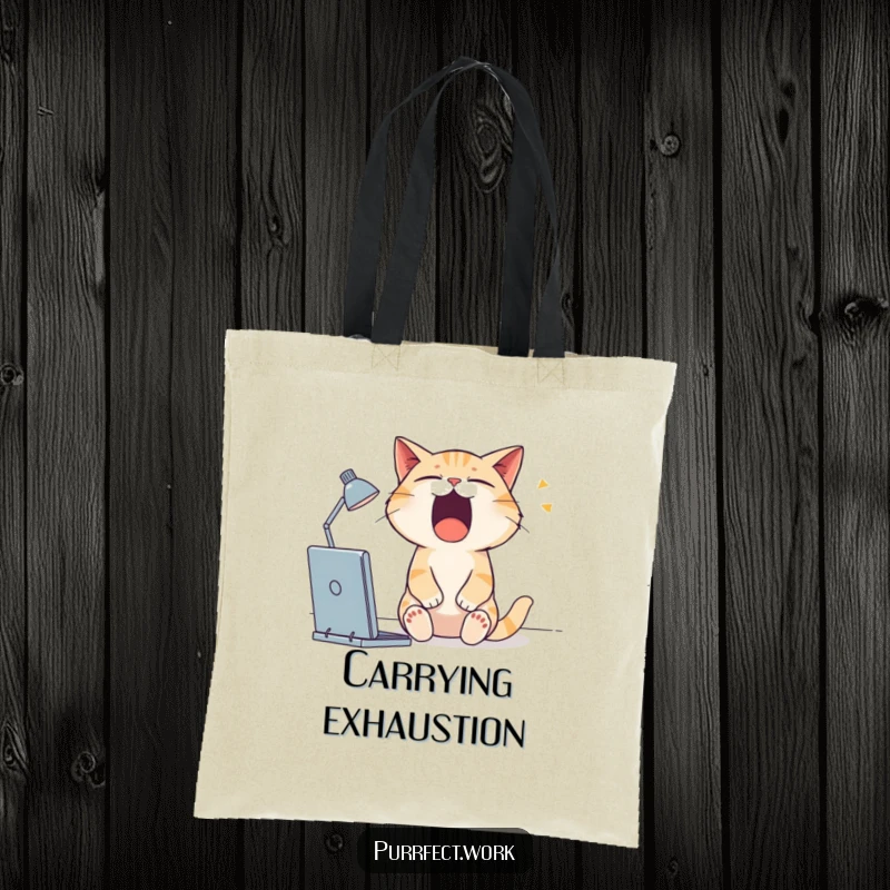 Funny cat tote bag with a sleepy cat yawning widely at its desk, ideal for carrying essentials.