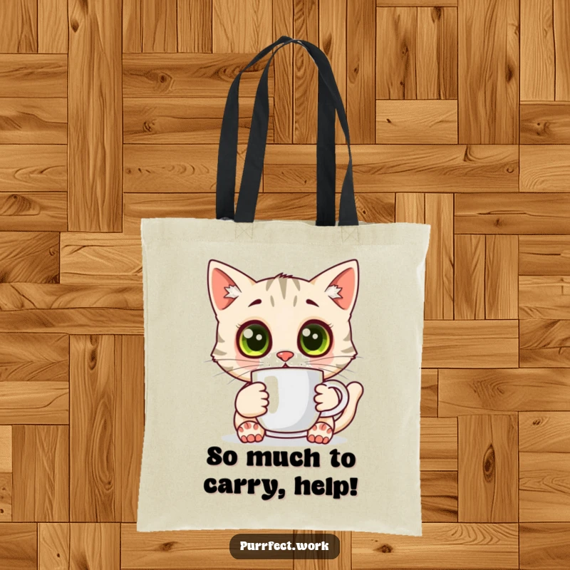 Funny surprised cat tote bag, a wide-eyed cat holding a coffee mug, ideal for shopping and carrying essentials.