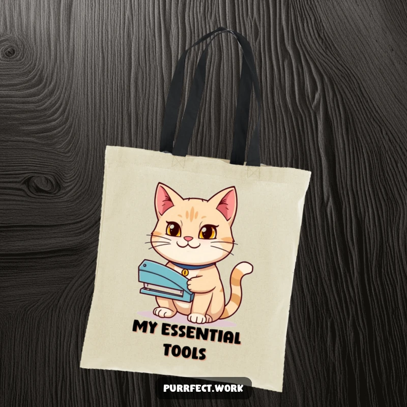 Funny tote bag showcasing a determined cat holding a stapler with a grin, ideal for carrying your work essentials with purpose.