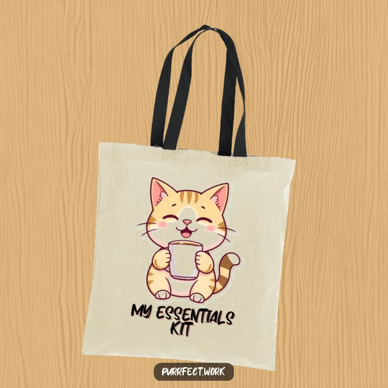 Funny, cheerful cat character holding a miniature coffee mug on a durable tote bag, great for market runs.