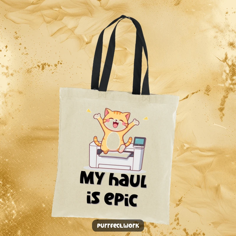Funny and happy cat in mid-leap over a printer, signifying fun and achievement, on a practical and stylish tote bag.