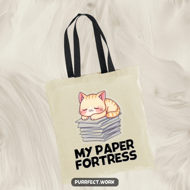 Funny Tote Bag featuring a mischievous cat comfortably sleeping on a stack of papers, practical and relaxing.