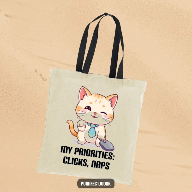 Funny cat tote bag, a cat in a tie batting a mouse cursor, ideal for carrying laptops and books.