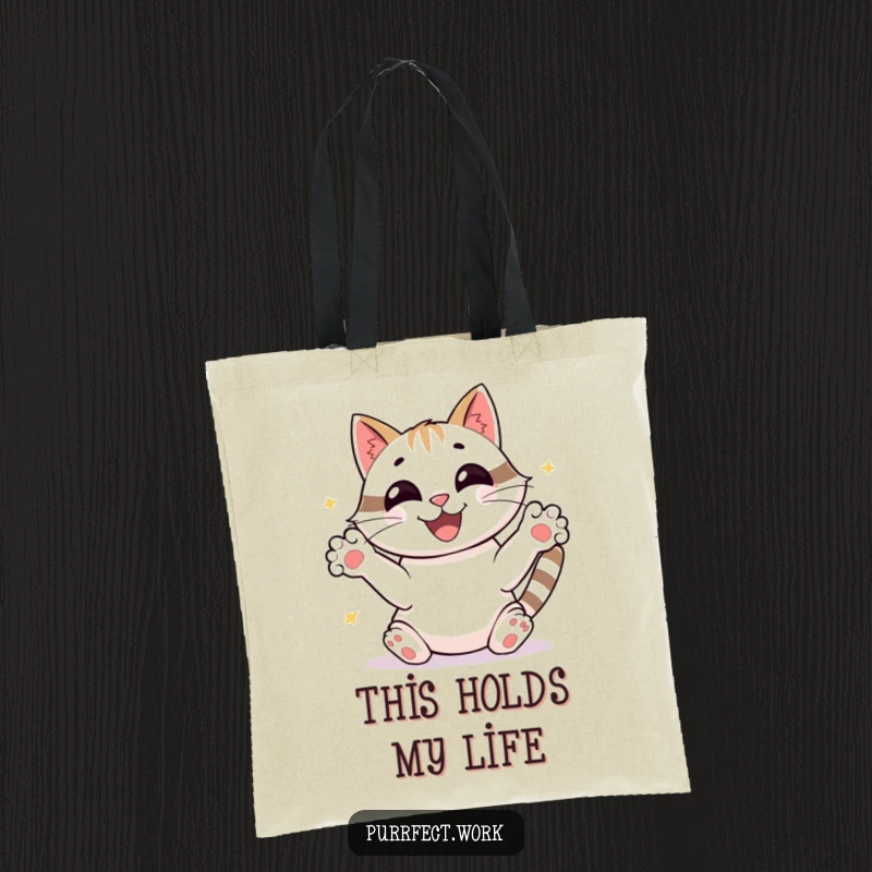 Funny joyful cat sorting papers with frantic paws, beaming, a humorous and durable tote bag for a funny gift.