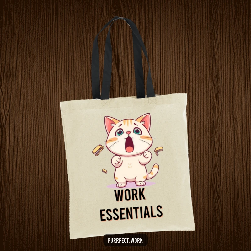 Funny Tote Bag adorned with a surprised cat character comically juggling tiny staplers, ideal for carrying essentials with office humor.